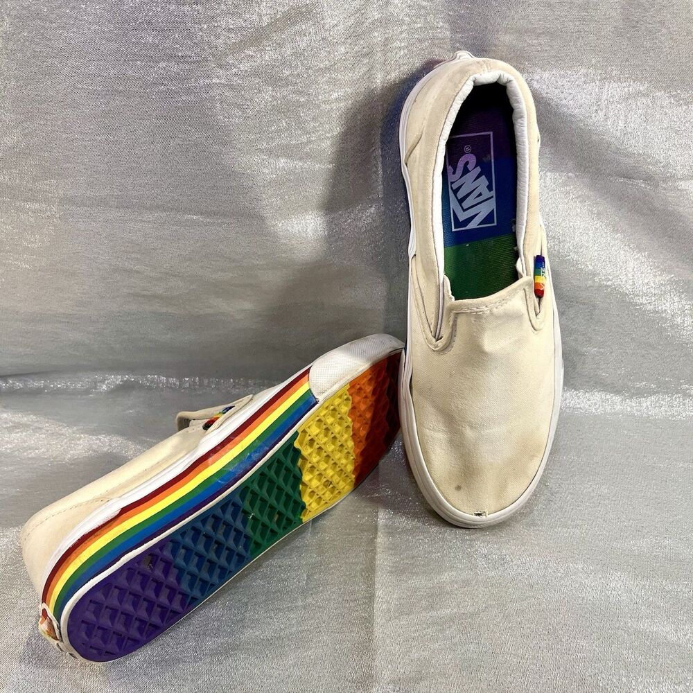 VANS RAINBOW Classic Slip-On White Canvas Waffle Rubber Sole M 5.0 W 6.5